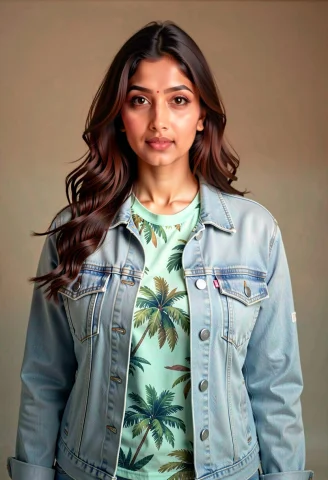 Medium Portrait Of A South Asian Woman In Casual Attire, Pos... — FLUX AI Prompt: Medium portrait of a South Asian woman in casual attire, posing against a muted...