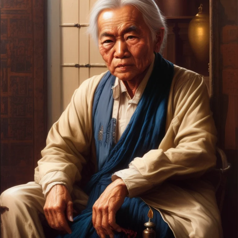 Hong Kong, Oil Painting Of An Old Asian Man Sitting In A Dar...