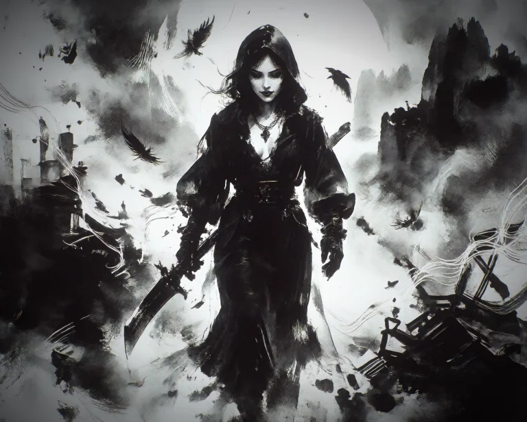Monochrome Ink Wash Style, The Reaper, A Solitary Figure D I...