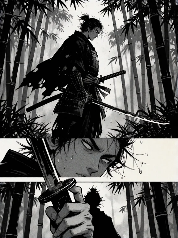 A Monochrome Japanese Dark-fantasy Comic Composition Centere...