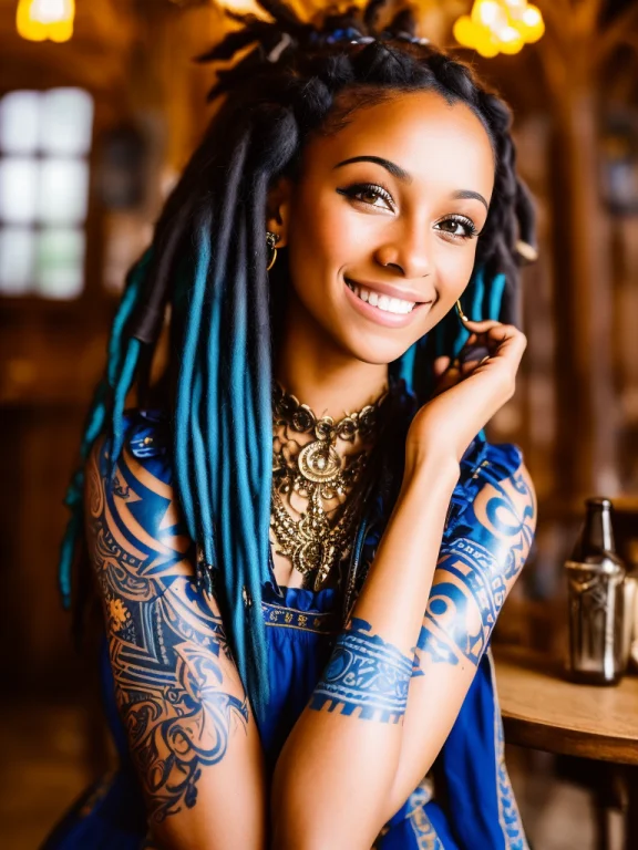 A Portrait Photo Of A Black Girl, Smiling, Tattoo, Blue Drea...