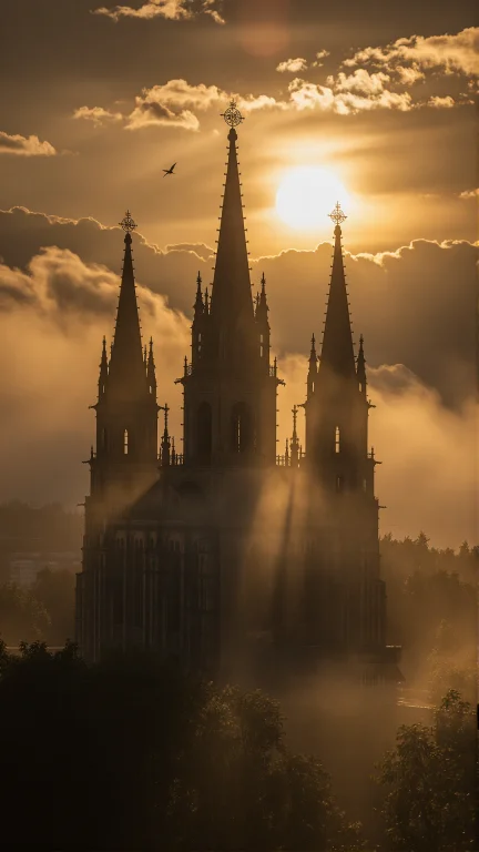 A Dramatic Silhouette Of A Historic Gothic Church Rising Thr...