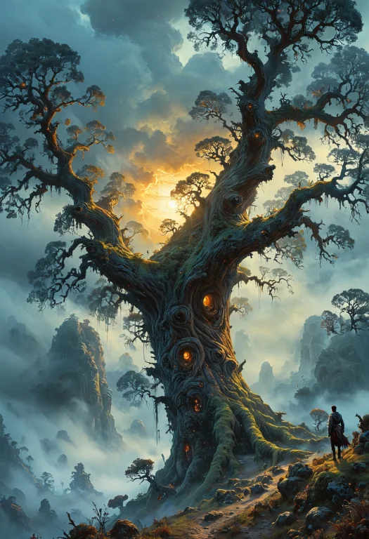 Old Spooky Tree, Lonely Giant Tree, Fog, Mist, Enchanting La...