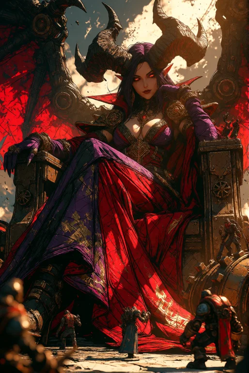 Beautiful Demon Queen Seated On An Enormous Industrial Thron...
