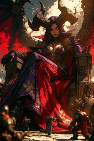 Beautiful Demon Queen Seated On An Enormous Industrial Thron... — Stable Diffusion AI Prompt: Beautiful demon queen seated on an enormous industrial throne, elegant layered c...