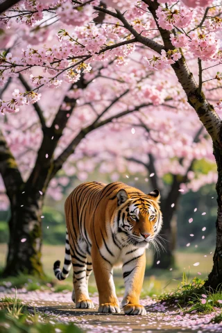 Tiger Walking Beneath Blooming Cherry Blossom Trees, Soft Pi... — Stable Diffusion AI Prompt: tiger walking beneath blooming cherry blossom trees, soft pink petals falling, s...