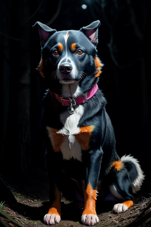 Colorful Dog On A Dirt Path, Dark Mysterious Forest, Dramati...