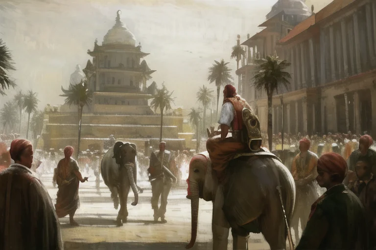 A Man Riding On The Back Of An Elephant In A Crowd Of People...