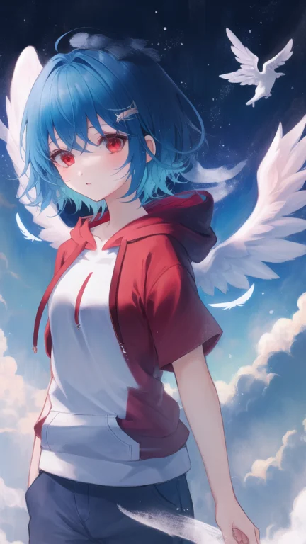 1girl, Blue Hair, Red Eyes, Hoodie, Angel, Angel Wings, Shor...