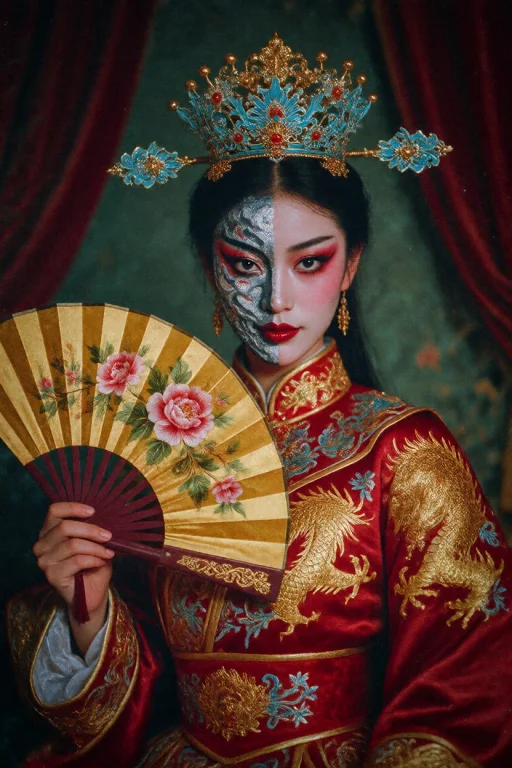 Performer With Half-painted Dramatic Makeup, Red Robe With G...