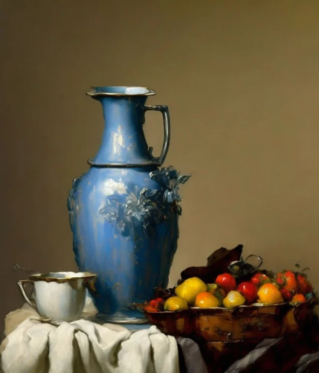 Still Life Painting By Laxpeint, A White And Blue Chinese Va...
