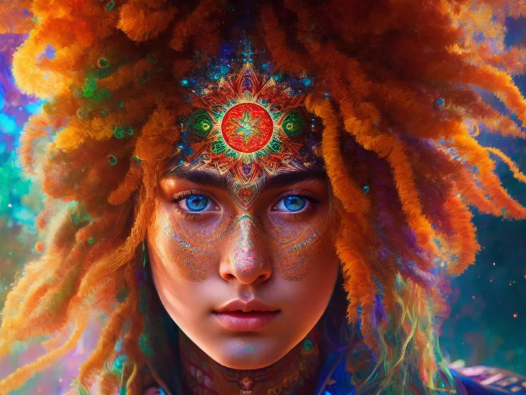 An Extremely Psychedelic Photo Portrait Of Teen Shaman Girl,...