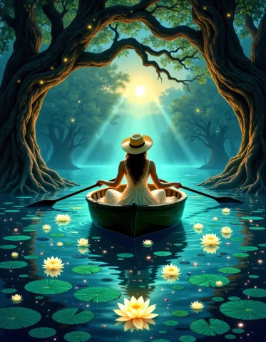 Aidmahidreamstyle, A Surrealist Reinterpretation Of A Woman... — Stable Diffusion AI Prompt: aidmaHiDreamStyle, A surrealist reinterpretation of a woman in a rowboat, where...