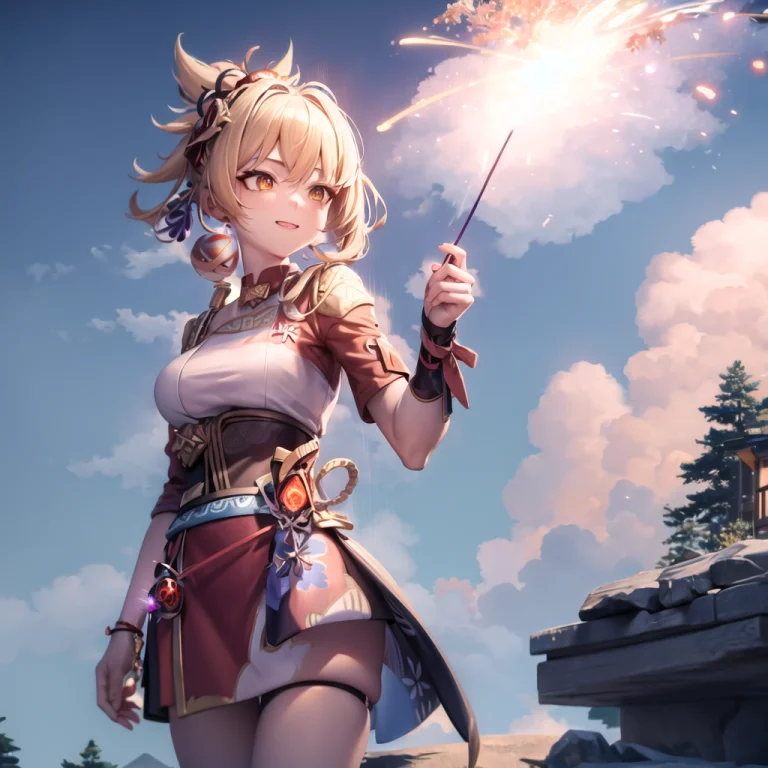 Yoimiya Genshin Impact Holding A Sparkler, Happy, Inazuma, N...