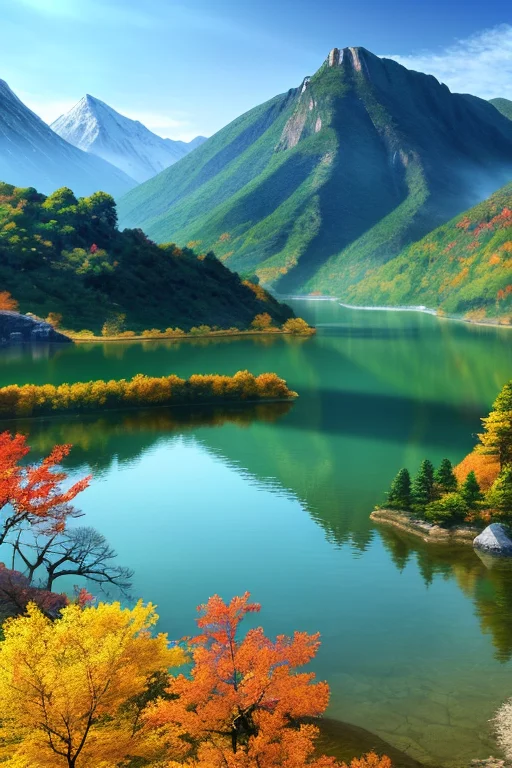 A Beautiful Korean Mountain With Lake, Masterpiece, Portrait...