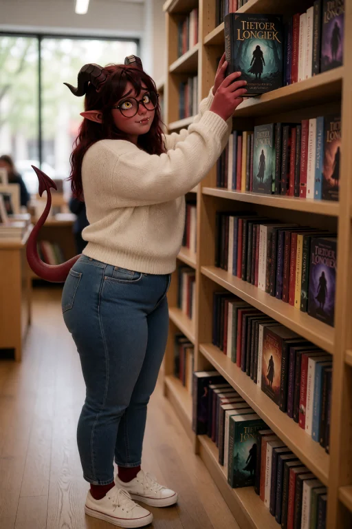 Serenalora, Full Body, Standing In A Bookstore Reaching Up T...