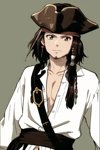 Jack Sparrow, Anime Style, Masterpiece, Best Quality, 1boy,... — Stable Diffusion AI Prompt: jack sparrow, anime style, masterpiece, best quality, 1boy, brown eyes, hat, bro...