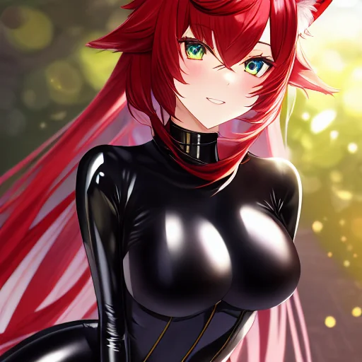 Masterpiece, Miqote, Black Latex Catsuit, Red Hair, Solo, Bo...