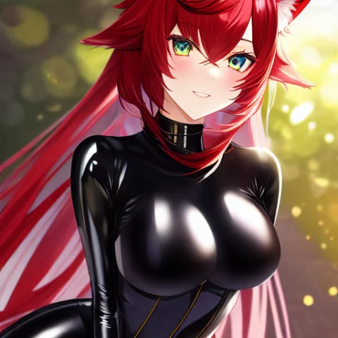 Masterpiece, Miqote, Black Latex Catsuit, Red Hair, Solo, Bo... — Stable Diffusion AI Prompt: {{{{masterpiece}}}}, miqote, black latex catsuit, red hair, solo, bokeh