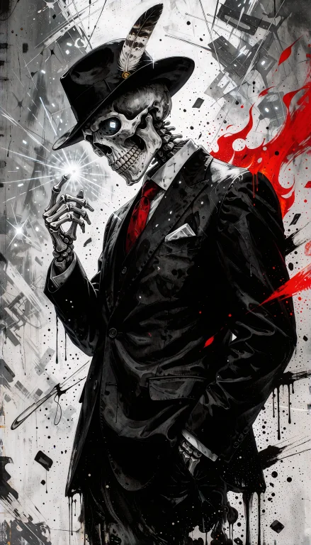 A Skeleton Businessman In A Long Black Suit With A Red Tie A...