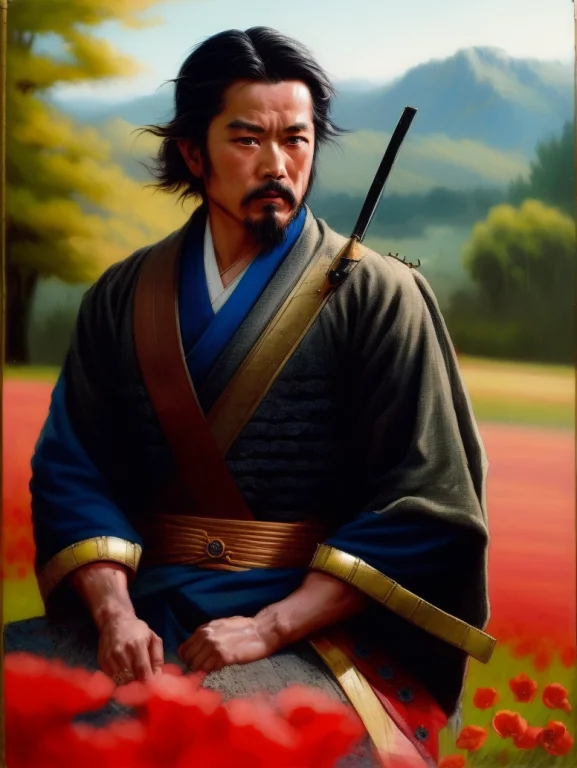 Photograph Of A Japanese Samurai Sitting Near A Poppy Field,...