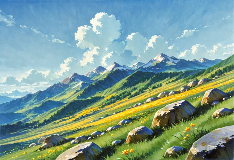 Painterly, Traditional Media. Outdoors, Daytime, Mountains,...