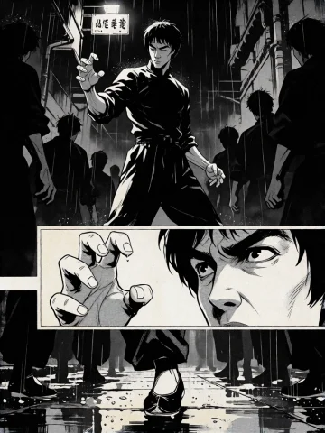 A Black And White Cinematic Martial-arts Comic Illustration... — Stable Diffusion AI Prompt: A black and white cinematic martial-arts comic illustration of a lean adult Hong...