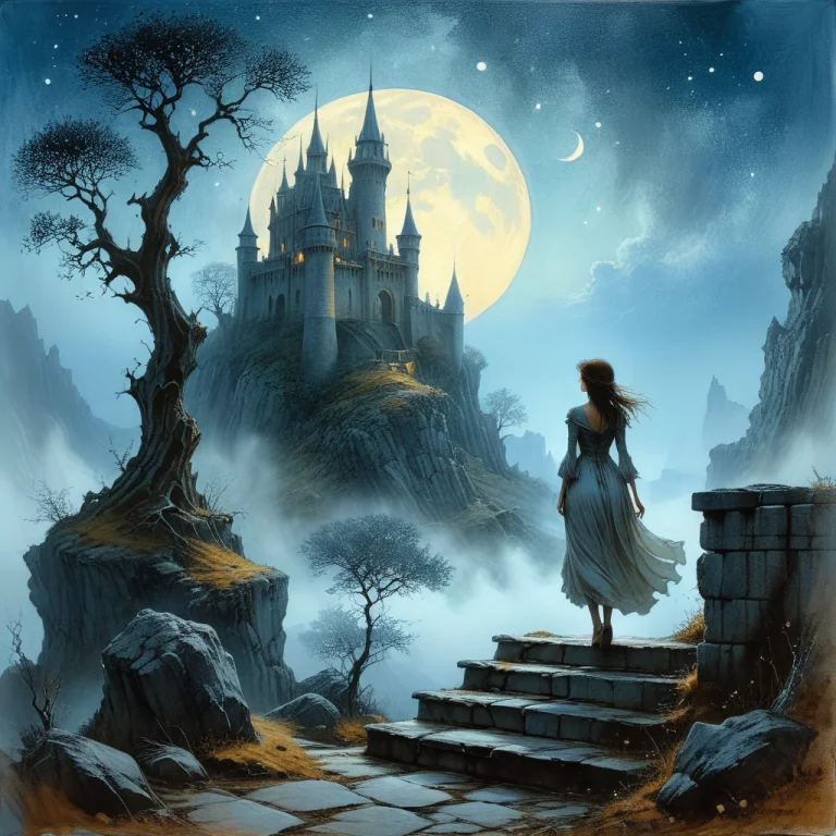 Determined Explorer Facing Towering Fortress, Gnarled Trees...