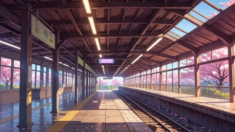 Comfy Train Station With Rails With Sakura Trees. Dynamic Po... — Stable Diffusion AI Prompt: Comfy train station with rails with sakura trees. Dynamic positive style without...