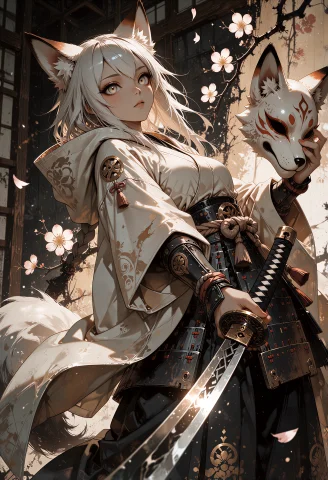 Posingdynamicsdaal, Drkm4ge, An Adult Female Kitsune Swordsw... — Stable Diffusion AI Prompt: PosingDynamicsDaal, DRKM4GE, An adult female kitsune swordswoman captured in a d...