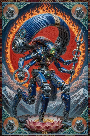 Science Fiction, Tibetan Thangka Painting, A Towering Twelve... — Stable Diffusion AI Prompt: science fiction, tibetan thangka painting, a towering twelve-armed mech in deep...