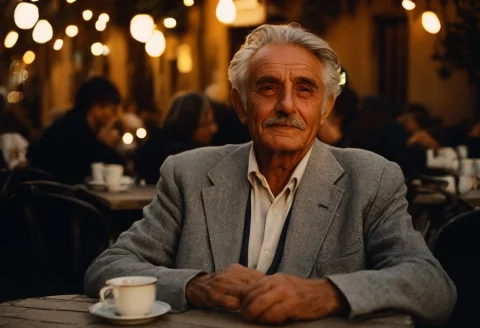 Cinematic Film Still Of A Dignified Elderly Italian Man Sitt... — SDXL AI Prompt: cinematic film still of a dignified elderly Italian man sitting at a small wroug...