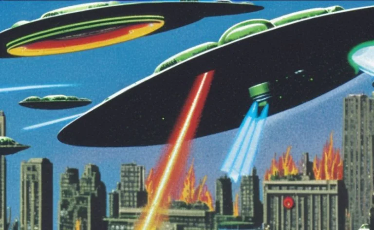 A Flying Saucer Destroying A Building With A Death Ray In Th...