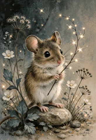 Ta86wistfall, A Tiny Field Mouse Standing Upright On A Small... — Stable Diffusion AI Prompt: ta86_wistfall, A tiny field mouse standing upright on a small stone, softly hold...