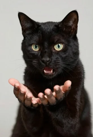 Photorealistic Portrait Of A Catgirl With Black Fur, Shocked... — Stable Diffusion AI Prompt: Photorealistic Portrait of a catgirl with black fur, shocked, looking at her han...