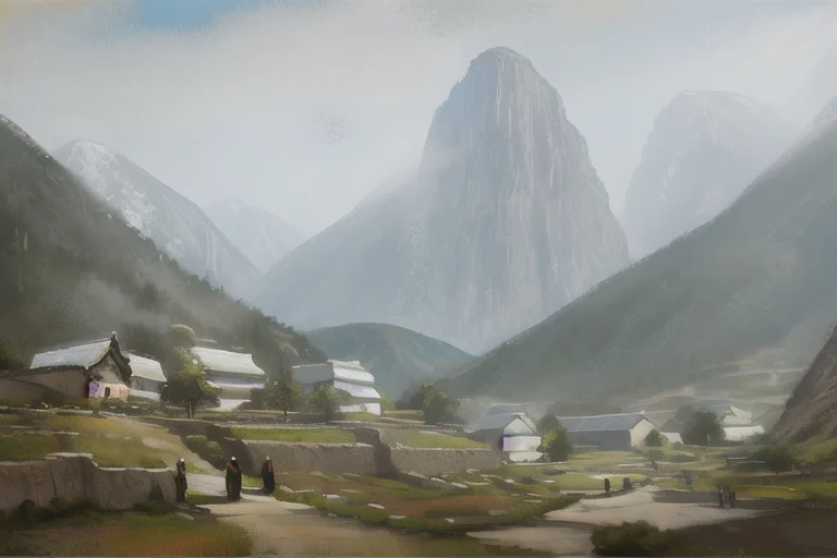 A Painting Of A Village In A Mountainous Area With A Mountai...