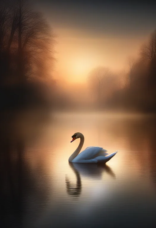 A Swan Gliding Through Mist On A Dark Lake, Vintage Poster A...