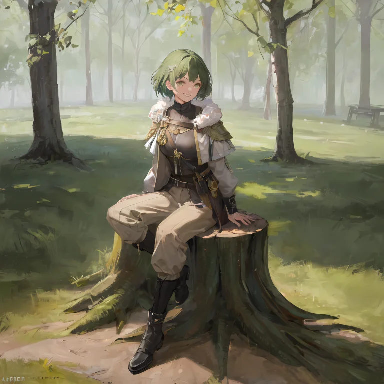 Masterpiece, Best Quality, Solo, Girl On A Tree Stump, Grove...