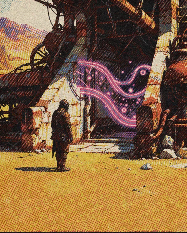 A Standing Figure In Worn Steampunk Clothing Faces A Doorway...