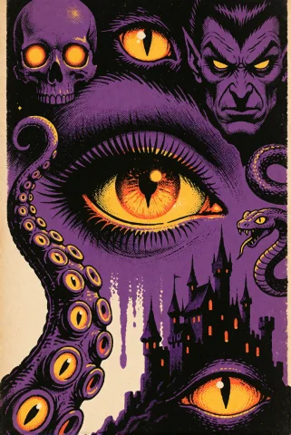 Broadside Poster, Vintage Comic Book Horror Illustration Usi... — Stable Diffusion AI Prompt: broadside poster, vintage comic book horror illustration using only purple, yell...