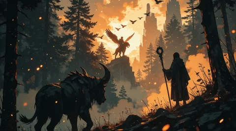Nature, Zidiusart, Epic Fantasy Landscape At Fiery Sunset, G... — Stable Diffusion AI Prompt: Nature, zidiusArt, epic fantasy landscape at fiery sunset, glowing orange clouds...