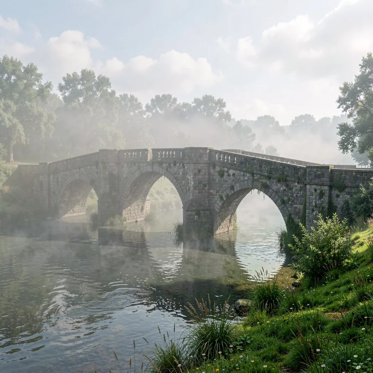 A Medieval Stone Bridge Over A Misty River, Matte Painting,...