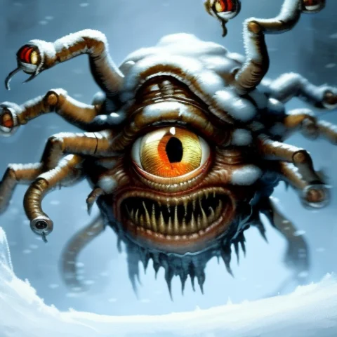 Close-up Portrait Of A Beholdermonster, Frostpunk, Snow, Ice... — Stable Diffusion AI Prompt: Close-up Portrait of a Beholder_Monster, Frostpunk, snow, ice, snowing:15, Volum...