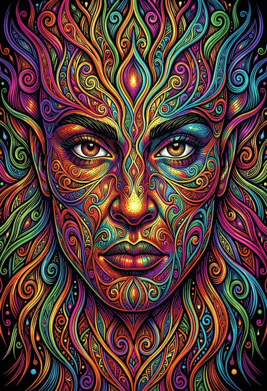 A Psychedelic Tribal Face Made Entirely Of Intricate, Glowin...