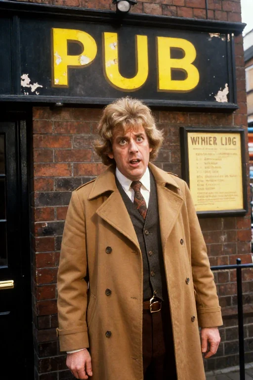 1970s Uk Soap Star Standing Outside A Brownbrick Pub With Pe...