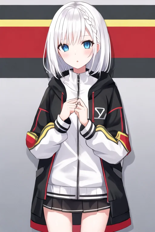 1girl, Blue Eyes, White Hair, Short Hair, Blackjacket,