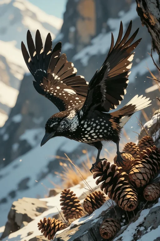 Nature, A Spotted Nutcracker Launching From A Stone-pine Con...