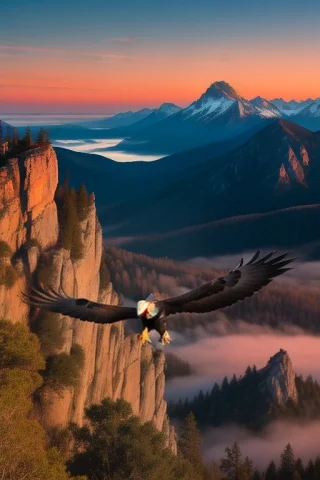 A Majestic Eagle Soaring Over Jagged Peaks, Cinematic Photog... — Stable Diffusion AI Prompt: a majestic eagle soaring over jagged peaks, cinematic photography, twilight glow...