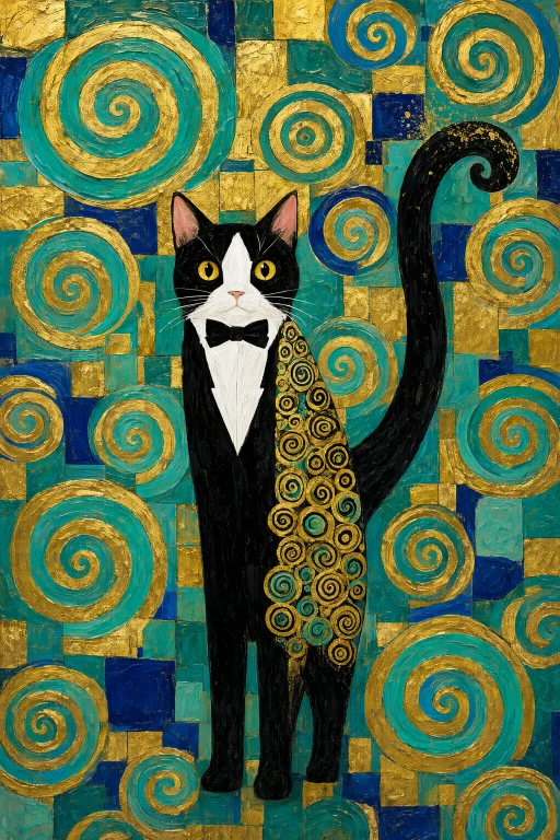 Highleveldescriptiona Stylized, Folk-art Feline Portrait Hea...