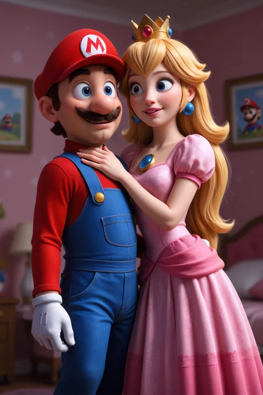 1girl, 1boy, Princess Peach, , Pink Princess Room, Pink Dres...